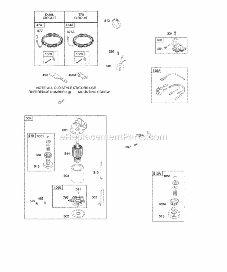 Electric Starter Alternator Diagram and Parts List for  Briggs and Stratton Engine